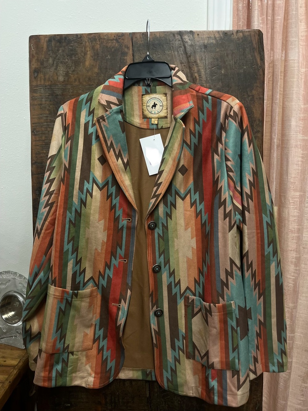 Southwestern-Pattern Women's Blazer Jacket - Teal, Rust & Cream